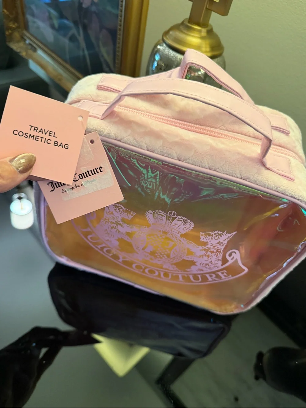 NWT Juicy Couture Iridescent Pink Cosmetic Train Case Scottie Dogs